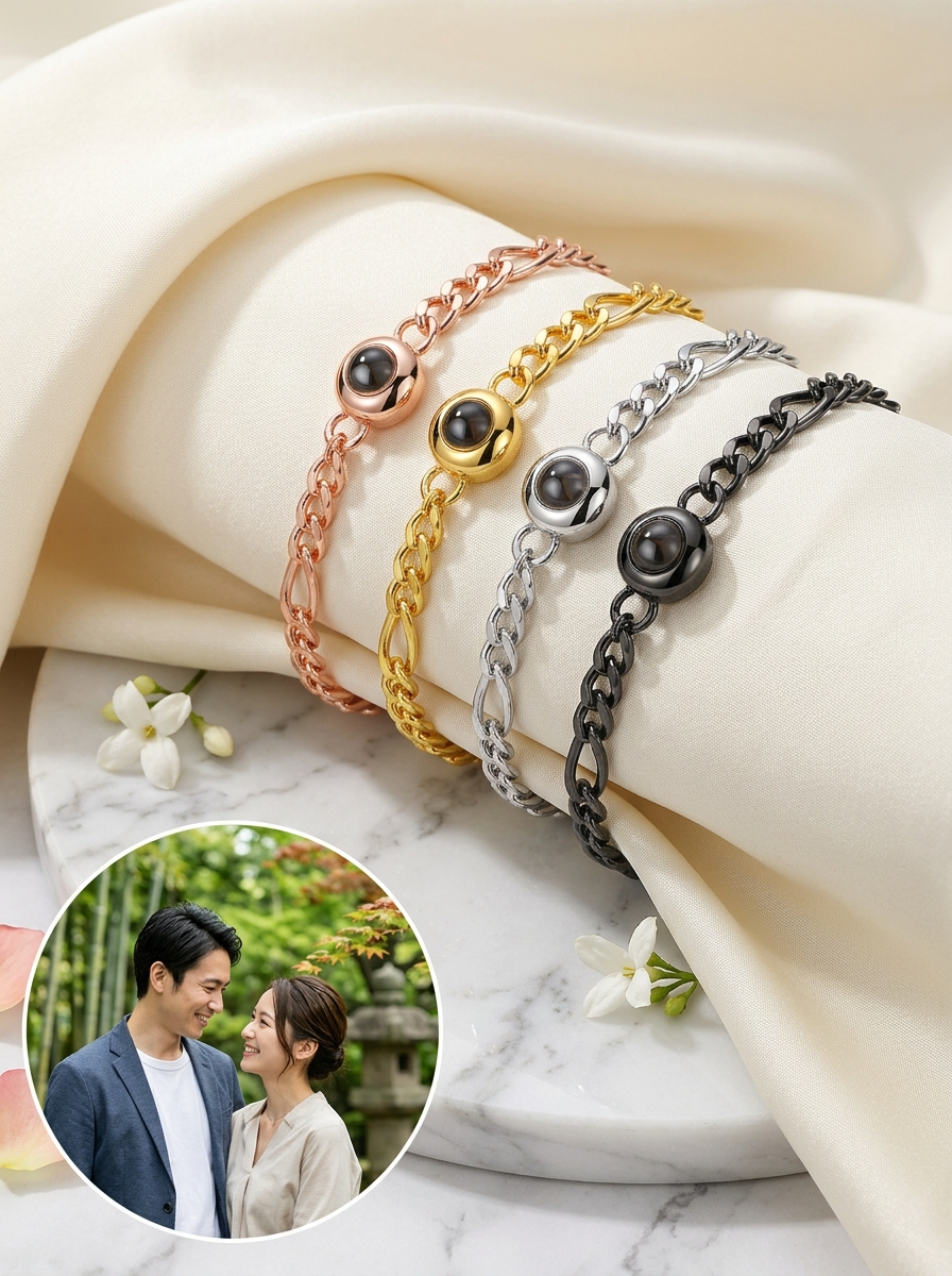 【腕元に宿る想い出】フォト プロジェクション ブレスレット 金属アレルギー対応 サージカルステンレス ニッケルフリー 写真投影 ハート サークル ペア ギフト