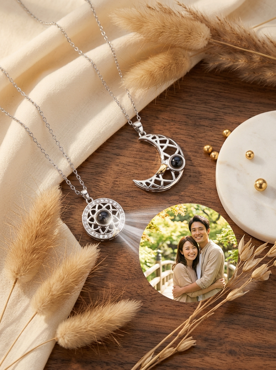 【寄り添う太陽と月】ペア フォト プロジェクション キーホルダー マグネット カップル 刻印 写真投影 ニッケルフリー 金属アレルギー対応 サージカルステンレス