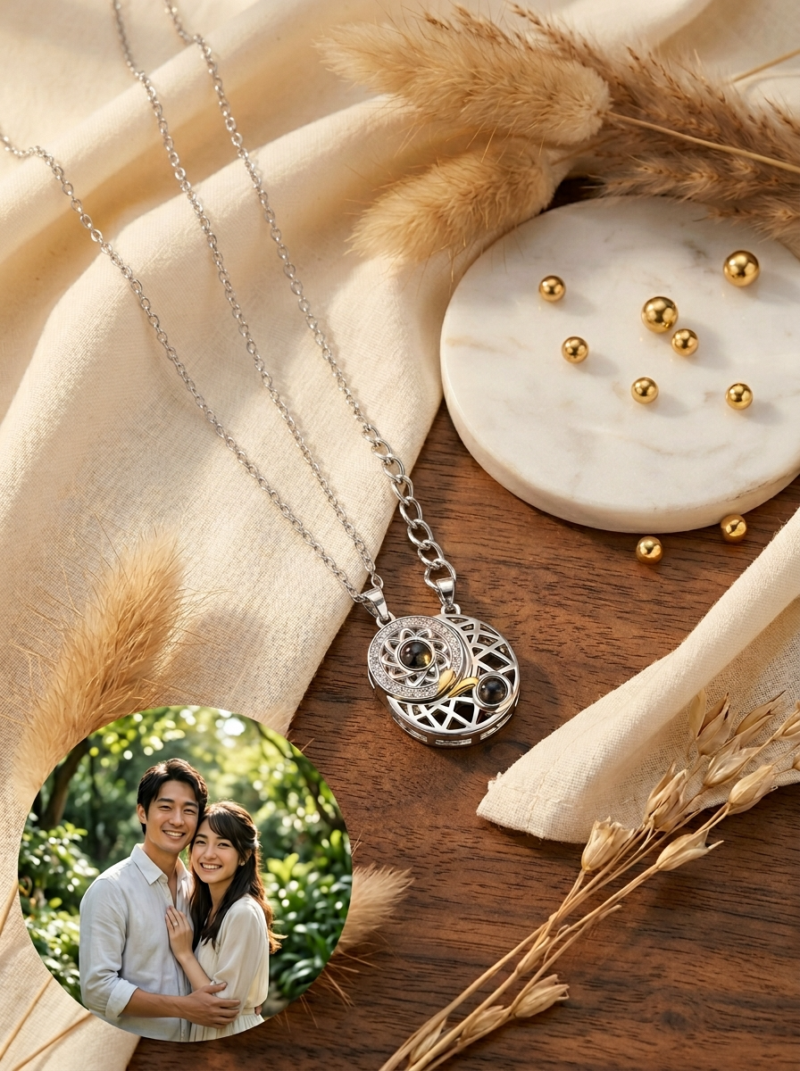 【寄り添う太陽と月】ペア フォト プロジェクション キーホルダー マグネット カップル 刻印 写真投影 ニッケルフリー 金属アレルギー対応 サージカルステンレス