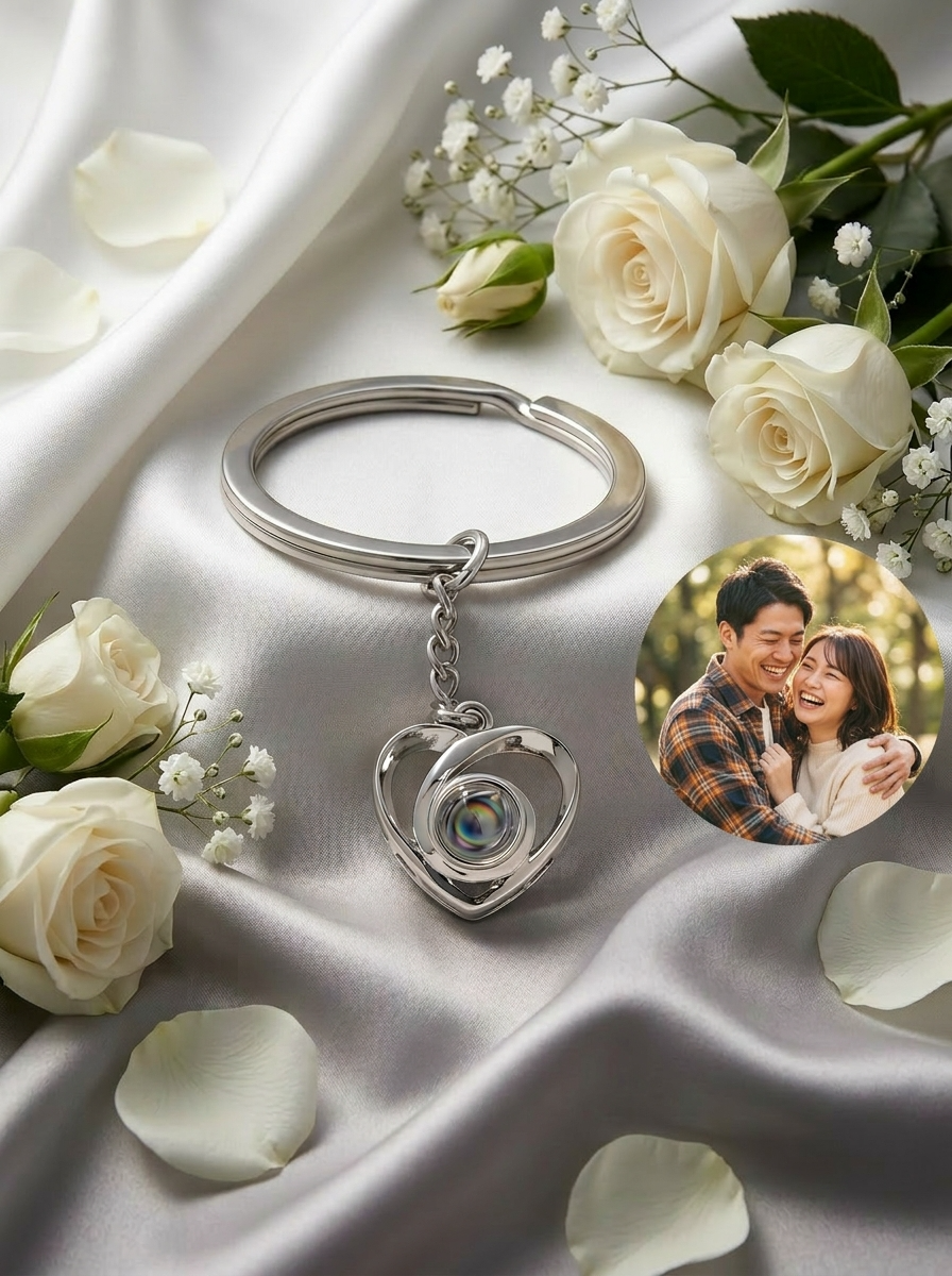 ハート フォト プロジェクション キーホルダー 【金属アレルギー対応】 サージカルステンレス ニッケルフリー 写真投影 名入れ 刻印 贈り物 プレゼント ギフト