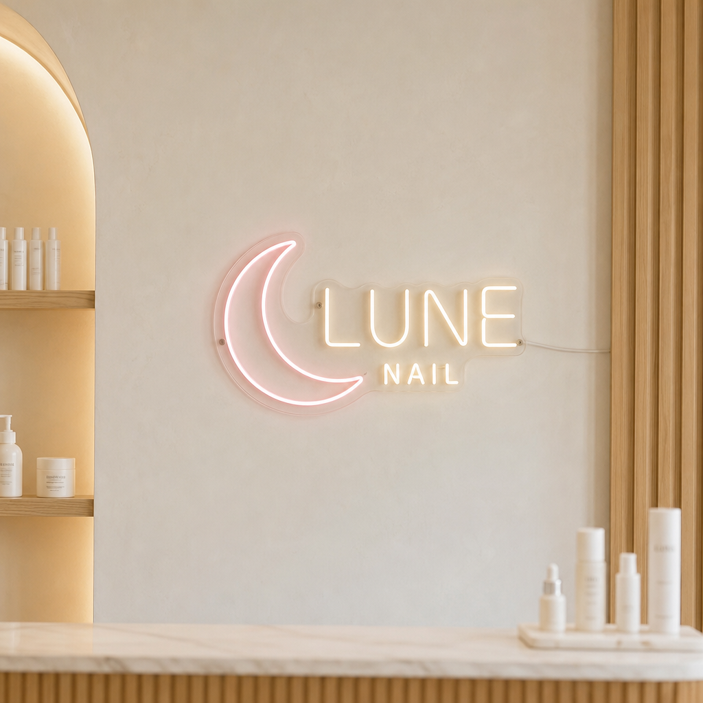 【AI制作イメージ】LUNEネイルサロンの店名と三日月ロゴを組み合わせた小型LEDネオンサイン