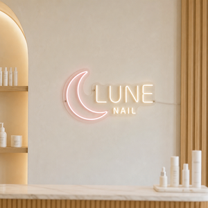 【AI制作イメージ】LUNEネイルサロンの店名と三日月ロゴを組み合わせた小型LEDネオンサイン
