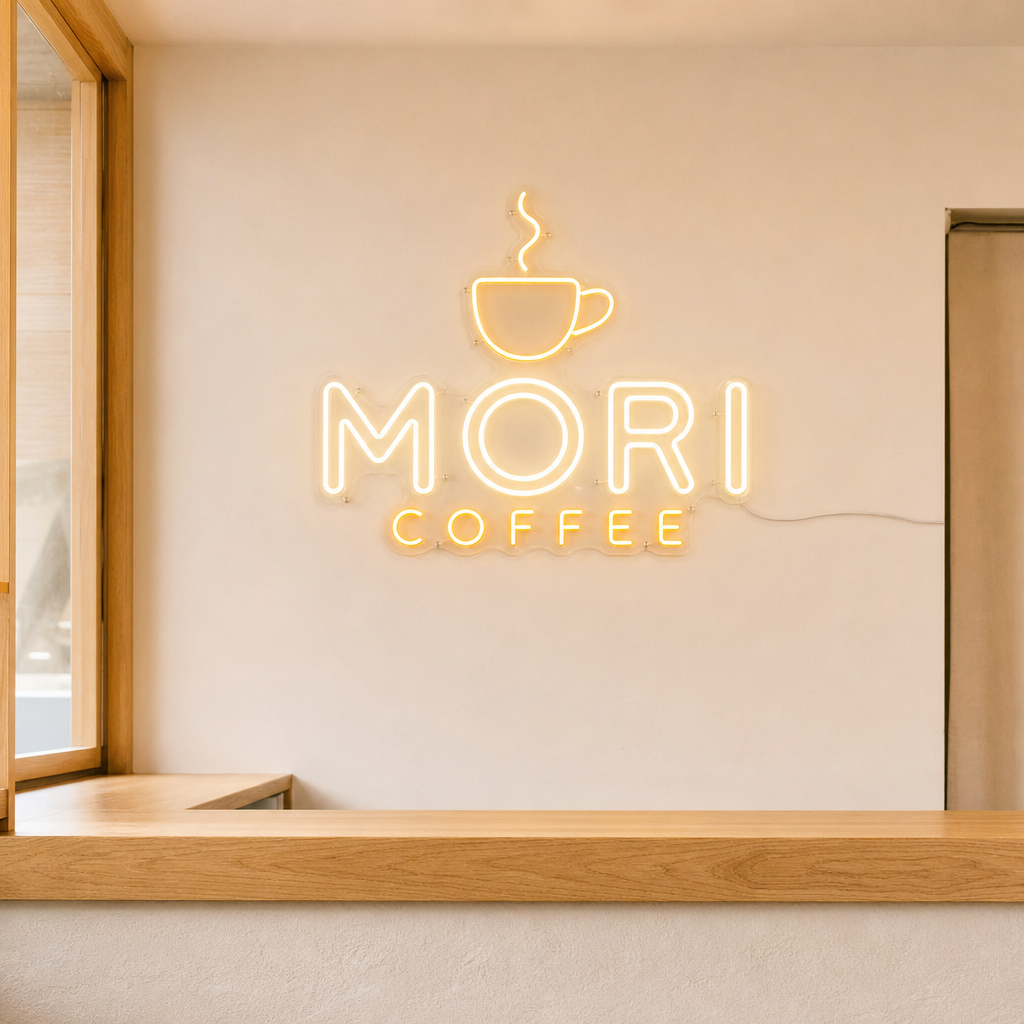 【AI制作イメージ】MORI COFFEEの店名とカップロゴを組み合わせた小型LEDネオンサイン