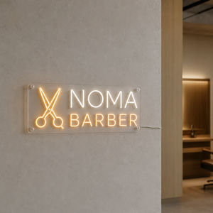 【AI制作イメージ】NOMA BARBERの店名とハサミロゴを組み合わせた小型LEDネオンサイン