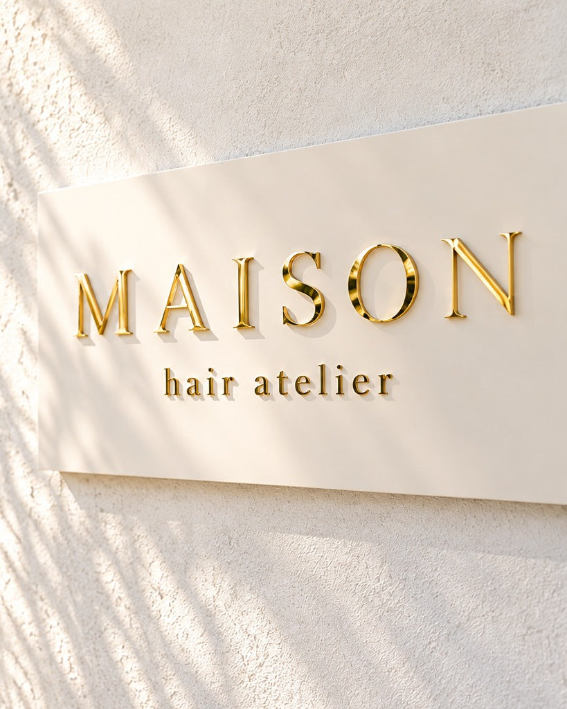 【AI制作イメージ】明るい白い壁と自然光のMAISON hair atelier｜ミラーゴールド立体切り文字ロゴサイン