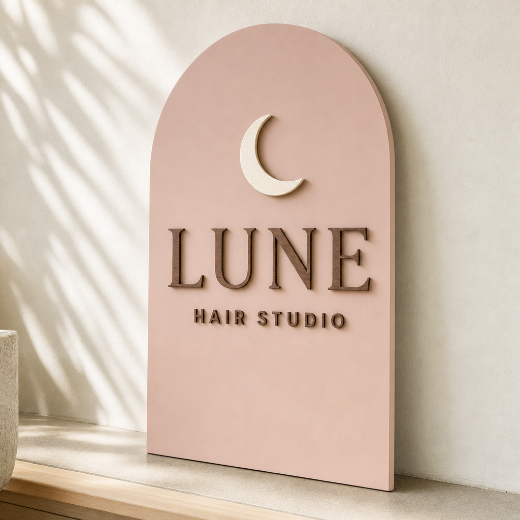 【AI制作イメージ】アーチ型｜LUNE・くすみピンク×ウォルナット立体文字
