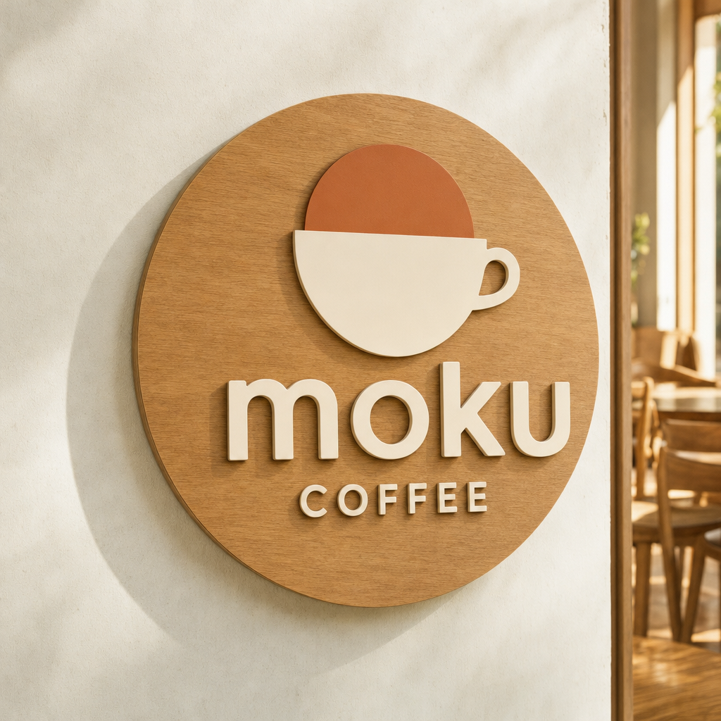 【AI制作イメージ】丸型｜moku COFFEE・木目×ホワイト立体文字